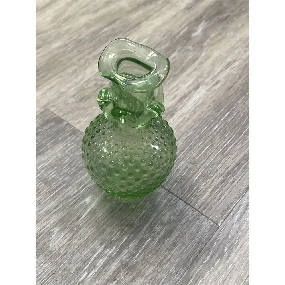 Vintage Green Hobnail Glass Bud Vase Applied Ruffle 4.5